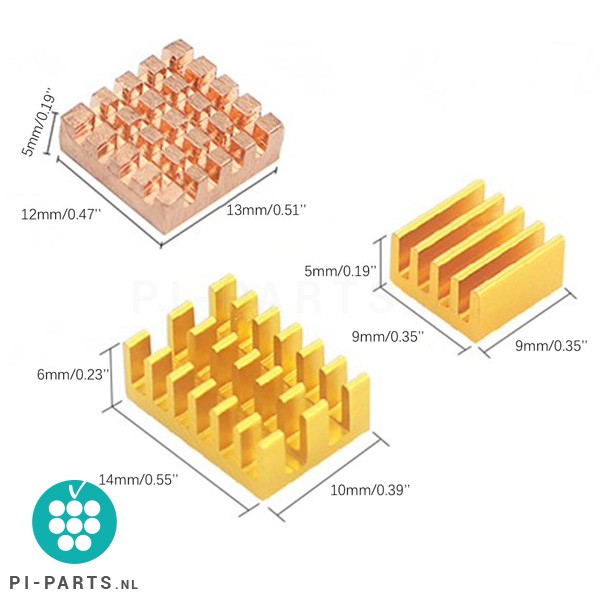 Heatsinks – koelelementen | 3 x koper | Speciaal voor Raspberry Pi 4B